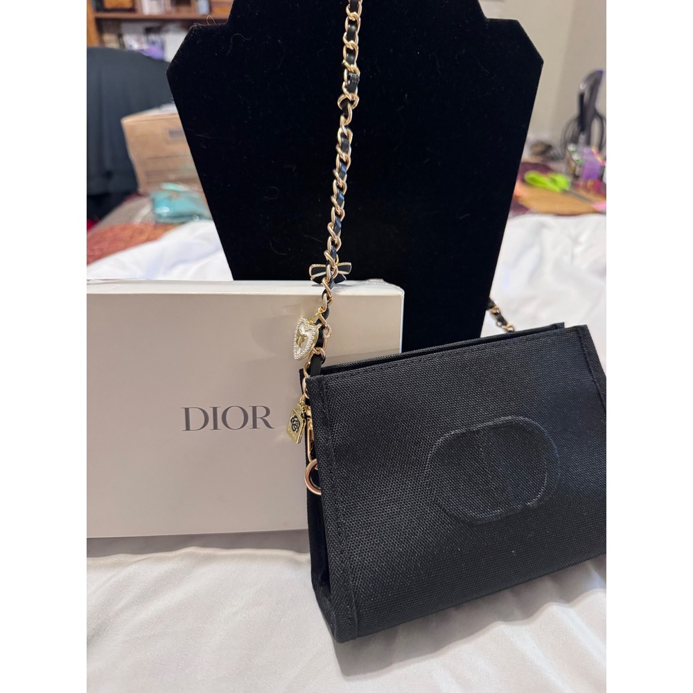 Dior Black Canvas Beauty Pouch Crossbody Bag with Custom Charm Chain Strap - Picture 3 of 5